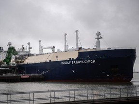 Russian LNG (Liquefied natural gas) tanker Rudolf Samoylovich, sailing under the flag of Bahamas, moors at the dock of the Montoir-de-Bretagne LNG Terminal near Saint-Nazaire, western France, on March 10, 2022. 
The EU imports about 40 per cent of its natural gas from Russia with Germany, Europe's biggest economy, especially dependent on the energy flow, along with Italy and several central European countries.