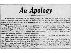 The Calgary Herald apologizes for a practical joke gone awry by its reporter Buffalo Child Long Lance on March 29, 1922.