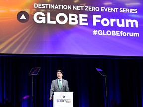 Prime Minister Justin Trudeau makes a keynote speech on his emissions reduction plan at the Globe Forum 2022 in Vancouver, British Columbia, Canada March 29, 2022.
