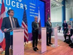 U.S. Energy Secretary Jennifer Granholm speaks alongside Canadian Natural Resources Minister Jonathan Wilkinson and Qatari Energy Minister Saad  Sherida al-Kaabi at the CERAWeek energy conference in Houston, Texas, U.S. March 9, 2022. Alberta Premier Jason Kenney and Energy Minister Sonya Savage were also at the conference, as well as many oilpatch representatives, arguing Alberta's case as a greater contributor to world energy markets.