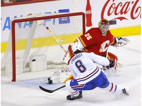 The Montreal Canadiens’ Ben Chiarot scores on Calgary Flames goalie Jacob Markstrom in overtime at the Scotiabank Saddledome in Calgary on Thursday, March 3, 2022.