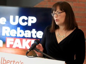 NDP Energy Critic Kathleen Ganley claims the UCPÕs Ònatural gas rebateÓ is a fake program that will likely never pay out to Alberta families or businesses. Ganley speaks to reporters from the CSpace King Edward. March 2, 2022.