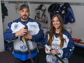 Organizer Alex Halat and Rae-Anne Baird at the Chestermere Recreation Centre. On Thursday, March 30, 2022, Team Hope and Team Cure will play 261 hours of hockey to raise money for the Alberta Children's Hospital Foundation.