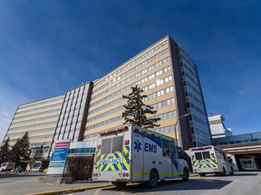 Ambulances outside the emergency entrance at Foothills Medical Center on March 10, 2022.