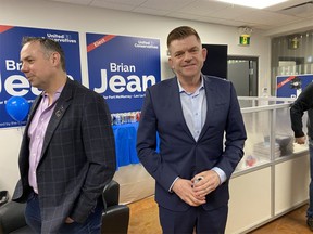 Brian Jean arrives at his campaign office in Fort McMurray as early unofficial results roll in from the Fort McMurray-Lac La Biche byelection on Tuesday, March 15, 2022.