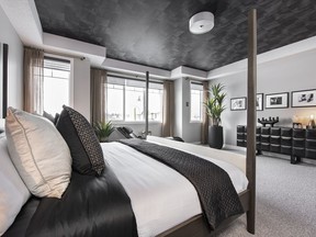 The master bedroom of the Elliott 24 show home by Jayman Built in Legacy.