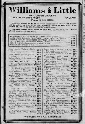 Calgary Herald May 8, 1922 advertisement of Williams & Little mail order grocer, showing Shredded Wheat at 15 cents each.