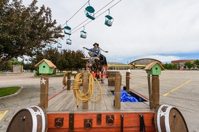 A parade float sits in an empty Stampede Park on July 2, 2020.