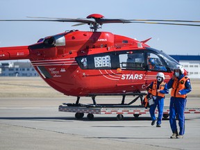 A STARS air ambulance helicopter outside the STARS hangar in Calgary on Friday, March 25, 2022.