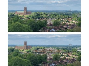 The top image shows Guildford Cathedral as it is now, while the bottom image shows what the proposed development The proposed development would be built in the green space directly to the right of the cathedral.