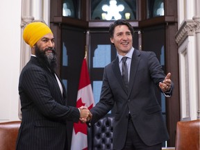 File photo of NDP leader Jagmeet Singh and Prime Minister Justin Trudeau on Parliament Hill in Ottawa.