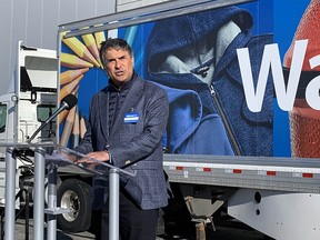 Horacio Barbeito, president and CEO of Walmart Canada,  announces the company's new fulfilment centre near Balzac, on Monday, March 21, 2022.
