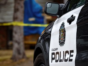 A Calgary police car is seen at a crime scene on Friday, April 8, 2022.