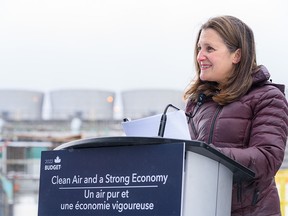 Deputy Prime Minister Chrystia Freeland speaks at a media event at Alberta Carbon Conversion Technology Centre in Calgary on Thursday, April 14, 2022.