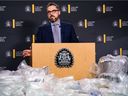 Sgt. Todd Nichol speaks with the media about more than $5.7 million worth of drugs seized in a trafficking investigation by Calgary Police Services on Tuesday, April 19, 2022. 