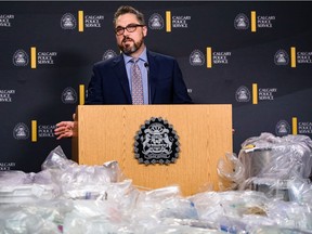 Sgt. Todd Nichol speaks with the media about more than $5.7 million worth of drugs seized in a trafficking investigation by Calgary Police Services on Tuesday, April 19, 2022.