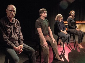 From left: Brian Jensen, Duval Lang, Valerie Campbell, and Precious Akpoguma co-star in Clem Martini's Cantata (Rumours Of My Crazy, Useless Life), a world premiere for Sage Theatre that runs from April 28th-May 7th at cSpace King Edward.