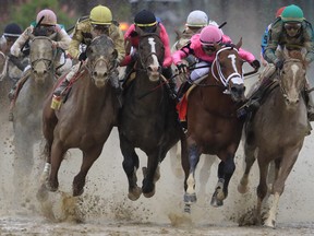 In 2019, Maximum Security co-owner Gary West called it the most egregious disqualification in the history of horse racing. Twenty-two minutes after Maximum Security crossed the finish line, the stewards made the stunning decision to disqualify him because of interference. That put Country House, a 65-to-1 long shot, in the winner's circle. This photo shows Country House #20, ridden by jockey Flavien Prat, War of Will #1, ridden by jockey Tyler Gaffalione , Maximum Security #7, ridden by jockey Luis Saez and Code of Honor #13, ridden by jockey John Velazquez, as they fight for position in the final turn during the 145th running of the Kentucky Derby at Churchill Downs on May 04, 2019 in Louisville, Kentucky. (Photo by Andy Lyons/Getty Images)