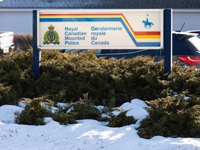The RCMP detachment is seen in the town of Rimbey, Alberta, on Monday, Jan. 18, 2021.