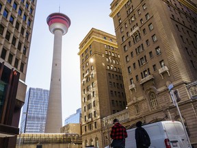 People enjoy a sunny morning in downtown Calgary on Thursday, April 7, 2022.