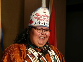 Sikapinakii Low Horn is all smiles after being named the 2022 Calgary Stampede First Nations Princess following a ceremony on Calgary on Sunday, April 10, 2022.