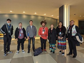 Nakoda Youth Council and Humber College members are in New York City, USA this week attending the United Nations Permanent Forum on Indigenous Issues. From left: Meko Misquadis-Mack (Humber College), Kevin Vose-Landivar (Humber College Supervisor), Dustin House-Bearspaw, Katsenhaienton Lazare, Bear Clan, Mohawk of the Haudenosaunee, Lita Crawler, Leera Waskewitch and Daryl Kootenay.