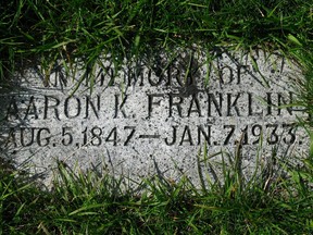 The gravestone of Aaron Franklin is in Didsbury Cemetery.  He was an American Civil War veteran who resided in Alberta.  David Bly photo.