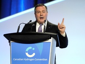 Alberta Premier Jason Kenney speaks at the Canadian Hydrogen Convention in Edmonton on Tuesday, April 26, 2022, where he announced that the province of Alberta will invest $50 million over four years to launch the Clean Hydrogen Centre of Excellence to support made-in-Alberta energy solutions and to grow the province's emerging hydrogen sector.