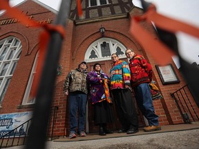 From left; Ken Levi, Gloria Snow, Tony Snow and Rev. John Snow with the Urban Indigenous Circle were photographed outside Hillhurst United Church in Calgary on Sunday, April 3, 2022. The group were part of Sunday services at the church and provided their perspective on Pope Francis' recent apology for residential schools.