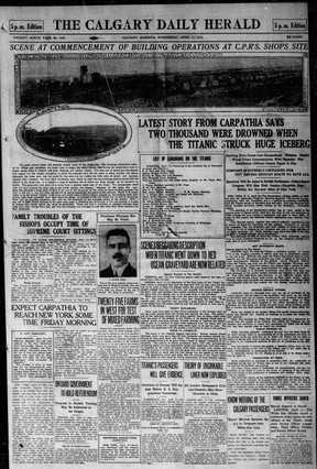 Calgary Daily Herald;  April 17, 1912;  page 1.
