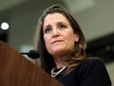 Deputy Prime Minister and Finance Minister Chrystia Freeland speaks at a news conference in Ottawa on February 17, 2022.
