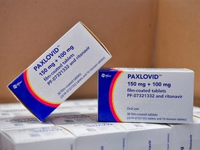 FILE PHOTO: Coronavirus disease (COVID-19) treatment pill Paxlovid is seen in boxes, at Misericordia hospital in Grosseto, Italy, February 8, 2022.