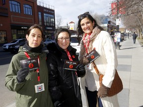 L-R, Founder and organizer, Steph Colangeli, Frances Donohue and Rummy Rendima of Pin Up Girl were out advocating for safer streets in response to recent incidents of sexual assault and harassment in Calgary. They were at Tompkins Park on Sunday, April 10, 2022.