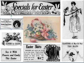 A variety of ads from the Calgary Daily Herald in April 1922 surround a 1922 Easter card.