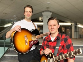 Michael Vanhevel, left, plays Elvis Presley and Kale Penny is Carl Perkins in Theatre Calgary’s musical production Million Dollar Quartet, which runs from April 26 to May 22.   SUPPLIED