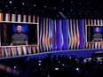 Ukrainian President Volodymyr Zelensky speaks on screen during the 64th Annual GRAMMY Awards at MGM Grand Garden Arena on April 03, 2022 in Las Vegas, Nevada.