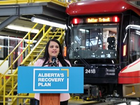 Alberta Transportation Minister Rajan Sawhney speaks during an announcement by the Alberta government and the federal government to fund a combined $159 million to 26 municipal transit systems impacted by the pandemic. The announcement was made at Calgary Transit's Oliver Bowen Maintenance Facility on Wednesday, April 13, 2022.