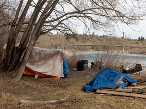 One of several homeless camps along the Bow River near Calgary's Sunnyside neighbourhood was photographed on Wednesday, April 27, 2022.