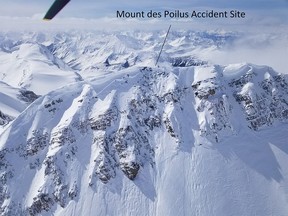 A photo supplied by Parks Canada shows the site of a fatal accident on Mount des Poilus in Yoho National Park. A 27-year-old Cochrane woman died when a cornice collapsed and she fell down a slope on April 13, 2022