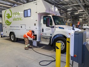 Enmax unveiled two fully electric medium-duty vehicles on Monday, April 11, 2022. Enmax is the first utility in Canada to pilot these trucks as part of the goal to electrify its mobile fleet by 2030.