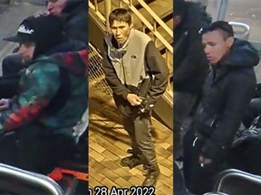 Calgary police released images taken from CCTV of six suspects believed to be linked to a stabbing that took place around 5:50 a.m. near the SAIT CTrain station on April 27. Three of the six suspects are pictured here.