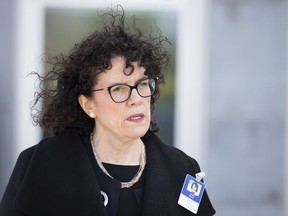 Lynne McVey speaks outside Lakeshore General Hospital in Pointe-Claire, Quebec on April 11, 2020.