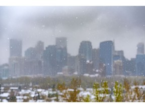 Flurries fall in Calgary on a mid-spring morning on Monday, May 9, 2022.