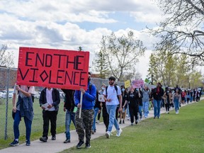 Students at Lester B. Pearson High School participate in a Walk To End Violence on Moose Hide Campaign Day on Thursday, May 12, 2022.