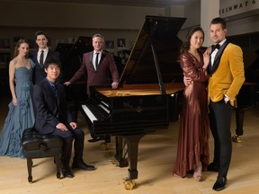 Alexandra Hughes and Aaron Anker, left, with pianist Kevin Chen, Jean Grand-Maitre, Mariko Kondo and Kelley McKinlay, right, in Memory Room. Photo by Ben Laird.
