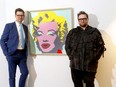 David Leinster, CEO of Contemporary Calgary, left, and Kelly Streit, LOOK Gala chair, gave a sneak peek of over 50 of Canada's most significant works that will be up for auction at the LOOK2022 fundraiser June 11. They are standing in front of Sunday B. Mornings' Marilyn (11.23), a silkscreen on museum board.  Darren Makowichuk, Postmedia