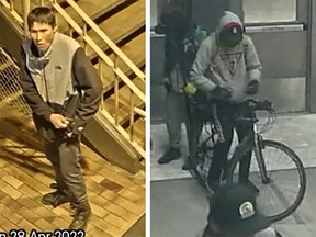 Calgary police are asking for the public's help in identifying and locating these two suspects from a CTRain assault and stabbing that left one person in hospital.