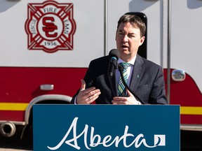 Health Minister Jason Copping speaks during a government press conference at Strathcona County Fire Station 6 in Sherwood Park on Thursday, May 26, 2022. Copping announced details on next steps to ease pressures for emergency medical services at the event.