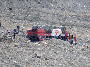 Emergency crews respond to an off-road tour vehicle rollover near the Columbia Icefield and Highway 93 in Jasper National Park on Saturday, July 18, 2020.