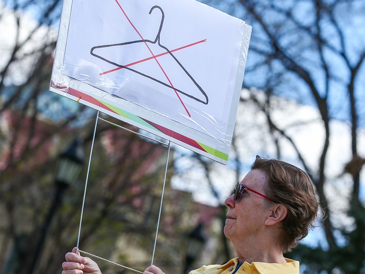  Approximately 200 Calgarians attended a rally at Olympic Plaza Sunday, May 15, 2022 in support of reproductive rights and to stand against the potential ripple effect from the potential overturning of Roe v. Wade in the United States.